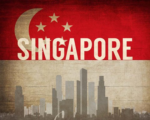 Framed Singapore - Flags and Skyline Print