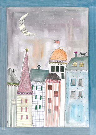 Framed Fantasy Cityscape With Cat On Roof Print