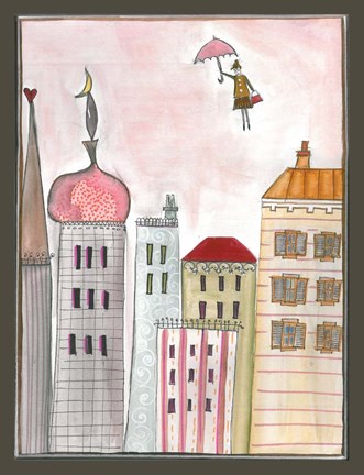 Framed Fantasy Cityscape With Flying Nanny Print