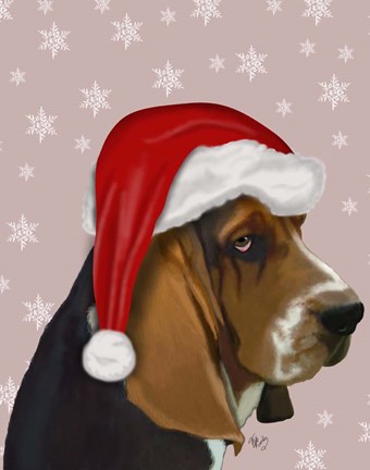 Framed Basset Hound, Christmas Hat Print