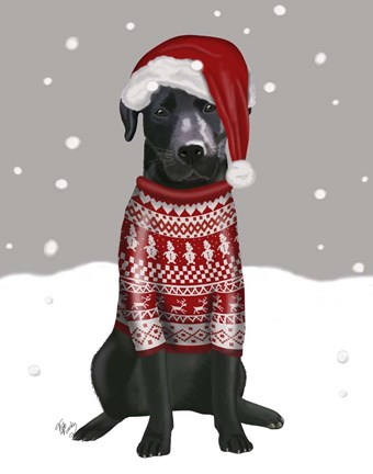 Framed Black Labrador, Christmas Sweater 1 Print