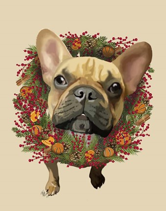 Framed French Bulldog, Cranberry Wreath Print