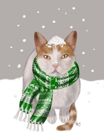 Framed White Cat, Green Scarf Print