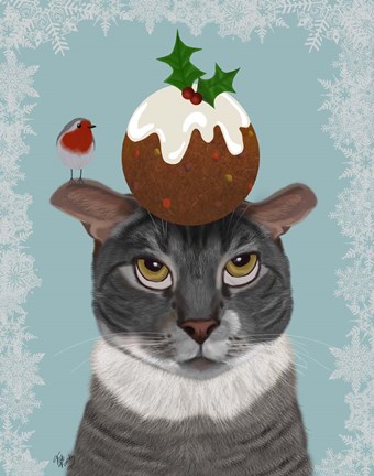 Framed Grey Cat and Christmas Pudding Print