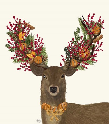 Framed Deer, Cranberry and Orange Wreath Print