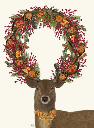 Framed Deer, Cranberry and Orange Wreath, Full Print