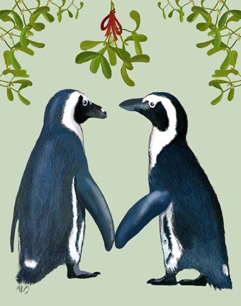 Framed Penguins And Mistletoe Print