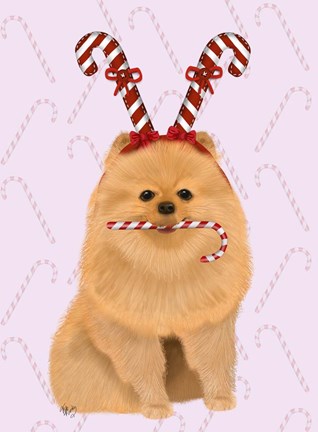 Framed Pomeranian and Candy Canes Print