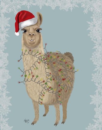 Framed Llama, Christmas Lights 2 Print