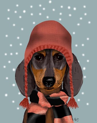 Framed Dachshund With Woolly Hat &amp; Scarf Print