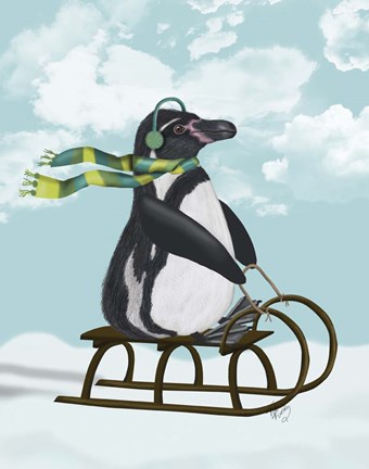 Framed Penguin On Sled Print