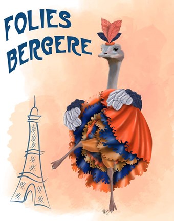 Framed Ostrich, Can Can in Orange and Blue Print