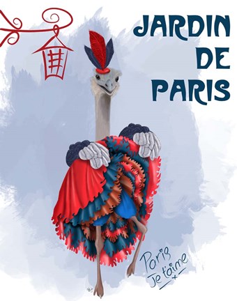 Framed Ostrich, Can Can in Red and Blue Print