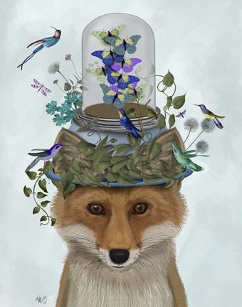 Framed Fox with Butterfly Bell Jar Print