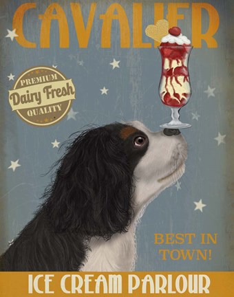 Framed Cavalier King Charles, Black White, Ice Cream Print