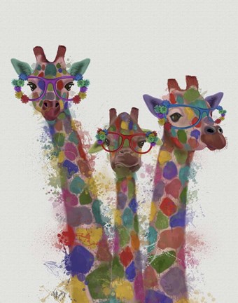 Framed Rainbow Splash Giraffe Trio Print