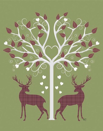 Framed Christmas Des - Deer and Heart Tree, Pink On Green Print