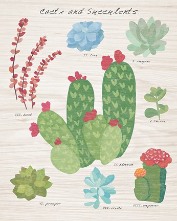 Framed Succulent and Cacti Chart IV on Wood Print