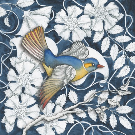 Framed Arts and Crafts Bird Indigo III Print