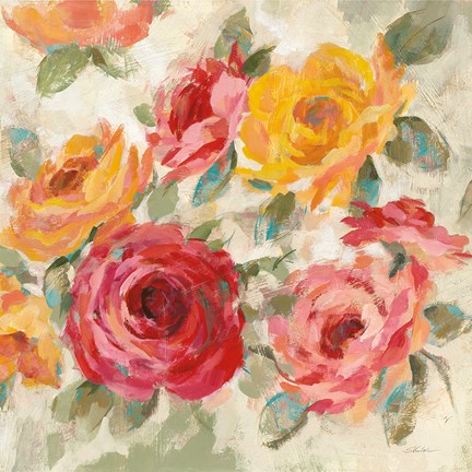 Framed Brushy Roses Crop with Teal Print