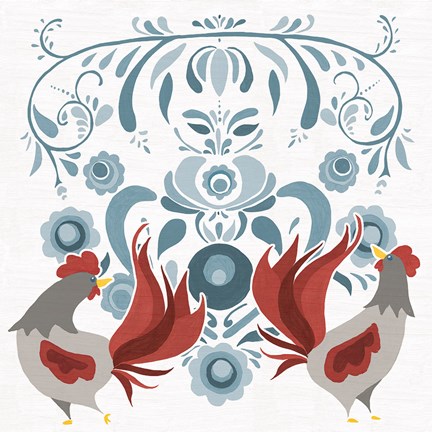 Framed Americana Roosters I Print