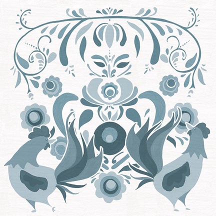 Framed Americana Roosters I Blue Print