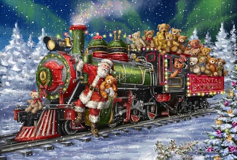 Framed Santa Green /Red Train with toy bears Print