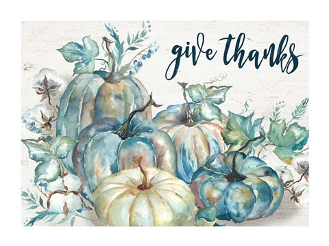 Framed Blue Watercolor Harvest Pumpkin Landscape Give Thanks Print