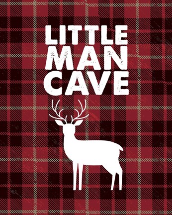 Framed Little Man Cave - Deer Red Plaid Background Print