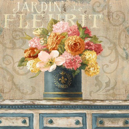 Framed Tulips in Teal and Gold Hatbox Print