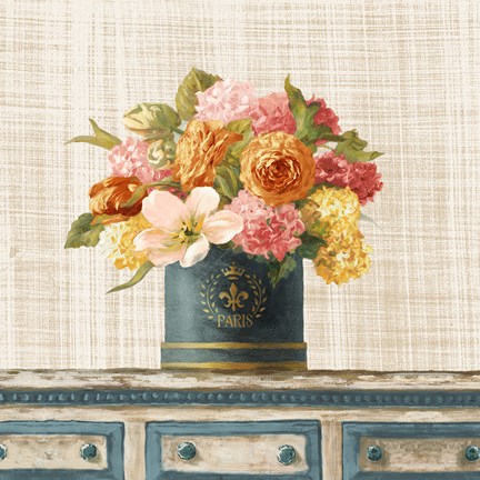 Framed Tulips in Teal and Gold Hatbox on Linen Print