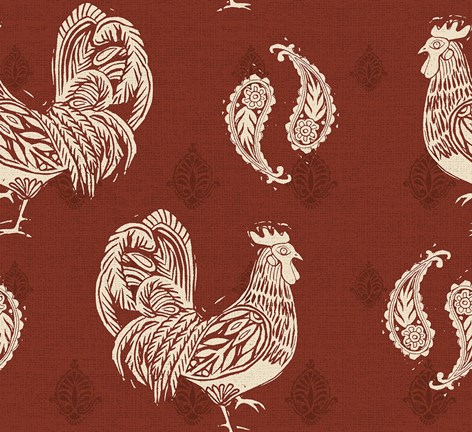 Framed Woodcut Rooster Patterns Print