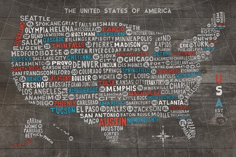 Framed US City Map on Wood Gray Print