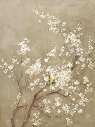 Framed White Cherry Blossom I Neutral Crop Bird Print