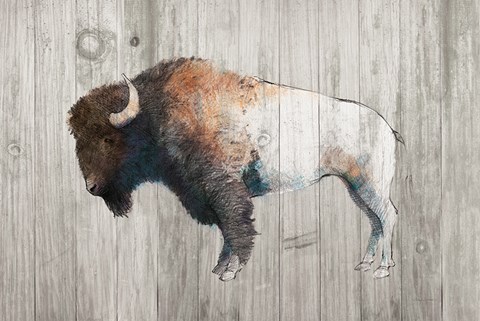 Framed Colorful Bison Dark Brown on Wood Print