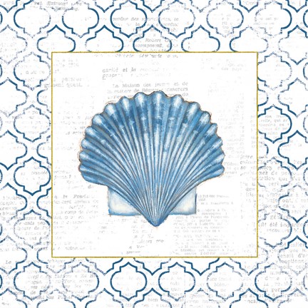Framed Navy Scallop Shell on Newsprint with Gold Print