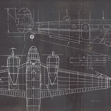 Framed Plane Blueprint II No Words Post Print