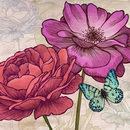 Framed Roses and Butterflies (detail) Print