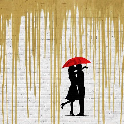 Framed Romance in the Rain (Gold, detail) Print