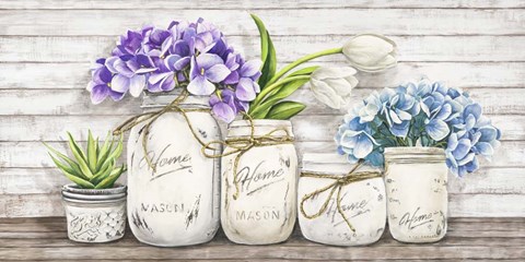 Framed Hydrangeas in Mason Jars Print
