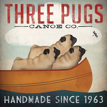 Framed Three Pugs in a Canoe Print