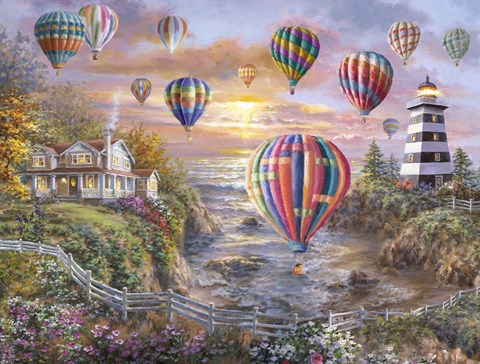 Framed Balloons Over Cottage Cove Print