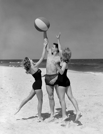Framed 1950s Teens Jumping For Beach Ball Print