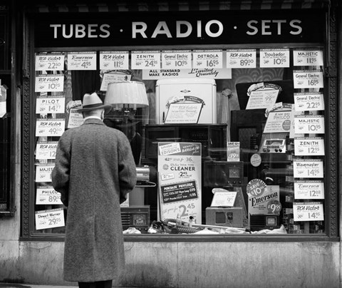 Framed 1940s Man Looking At Window Display Of Radios Print