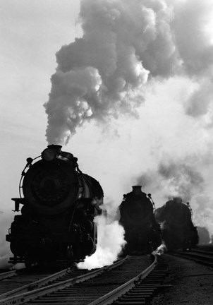 Framed 1930s 1940s Head-On View Of Three Steam Engines Print