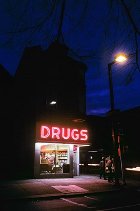 Framed 1980s 24 Hour Drug Store Neon Sign Print