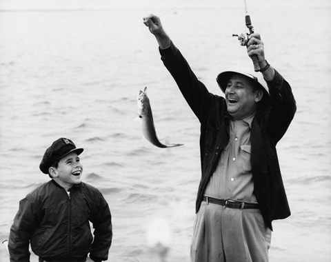 Framed 1950s 1960s Boy Fishing With Father Or Grandfather Print