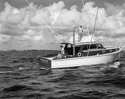Framed 1950s 3 Men Trolling Off Of Fishing Boat Print
