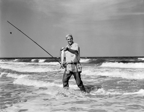 Framed 1950s Older Man Standing In Surf Print