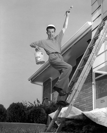 Framed 1960s Man Falling Off Of Ladder Print